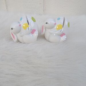 Set of 2 handpainted ceramic Easter bunny place card holders